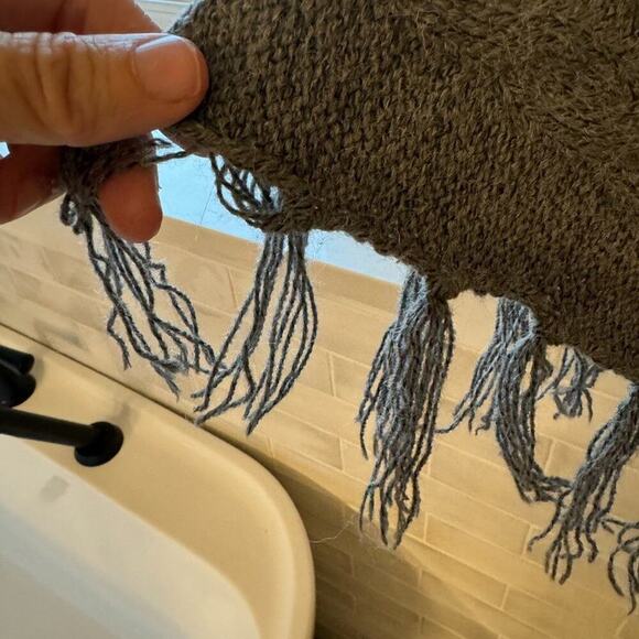 Gray Sweater Poncho With Cowl Neck & Fringe - Picture 4 of 7